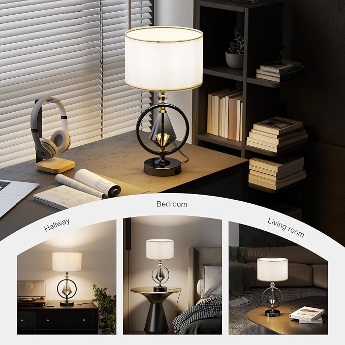 C06-2 20.8” Art Deco Bedside Table Lamp - 3-Way Dimmable Touch Control, USB A+C/AC Outlet, Bulb Included, Ideal for Living Room Nightstand Bedroom