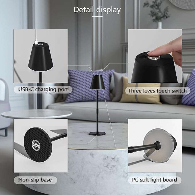 4-Pack Cordless Table Lamps - 5000mAh Rechargeable Battery Operated Desk Lamp, 3-Level Dimmable LED Night Light for Bedroom, Dining, Restaurant - Metal Design(Black 4pack)