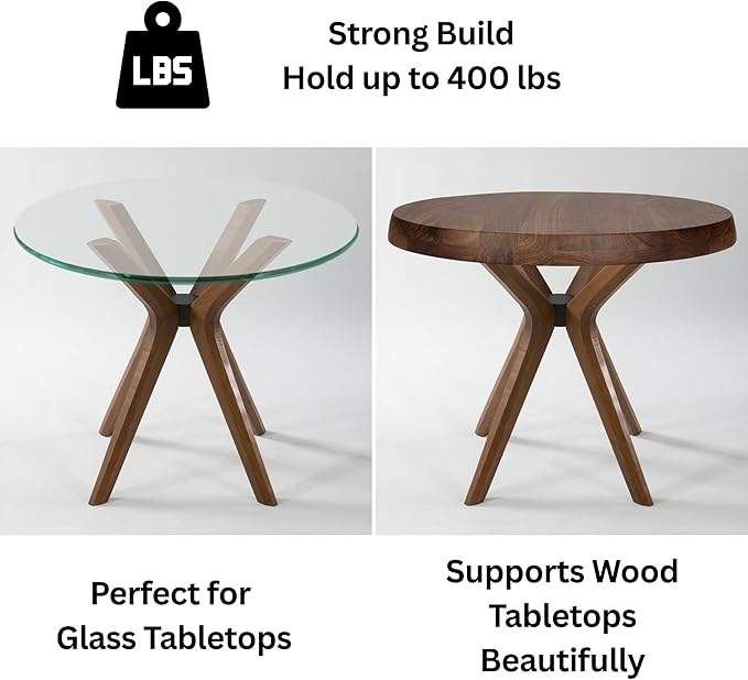 Mid Century Solid Beech Wood Modern Dining Table Base Only, Pedestal Table Bases, Wooden Legs for Kitchen Tables, Glass Top Wood Top Assembly Tools (Glass Tabletop Anti-Slip Pads, Walnut)