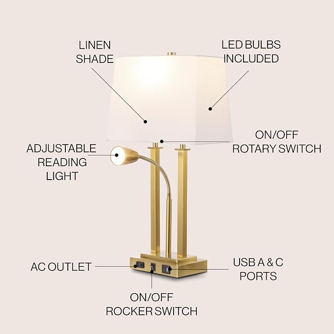 JONATHAN Y 23.75" Brass Gold 2-Light Modern Farmhouse LED Table Lamp with USB, White Linen Shade, AC Outlet, Adjustable Reading Light for Bedside Nightstand and Living Room (JYL1144B)