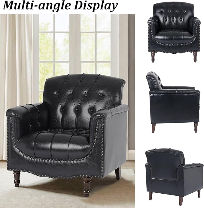 Faux Leather Accent Chair, PU Leather Modern Comfy Upholstered Armchair with Wood Legs & Nailhead Trim for Living Room, Bedroom (Black Blue,Set of 1)