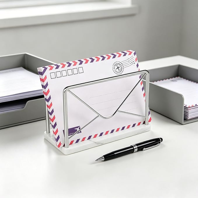 Modern Mail Holder for Home Office, Metal Letter Organizer Sorter for Desk, Cutout Mail Envelope Design, Bill Filling Paper Document Rack, Envelope Storage Rack with Marble Base (Chrome)