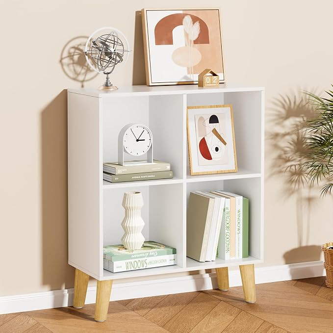 4 Cube Storage Organizer with Legs, 2 Tier Cube Low Bookcase Freestanding Storage Display Organizer for Home Office, Four-Cubes Open Shelf Short Bookshelf (White, 4 Cube)