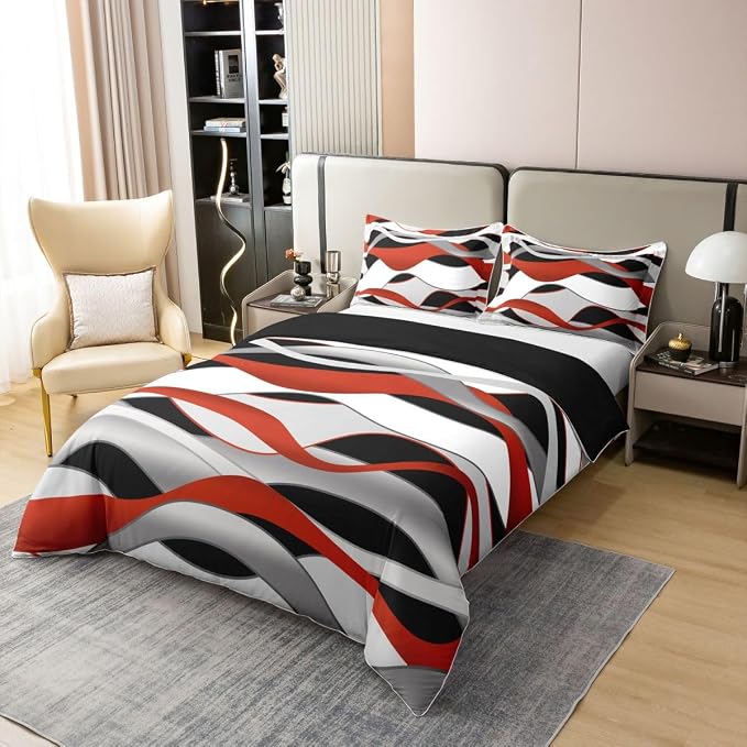 Erosebridal Red Grey Black Lines Bedding Set King Modern Wave Stripe 100% Cotton Duvet Cover Striped Lines Comforter Cover for Kids Teens Adults Geometric Spiral Print Bed Set 3 Pcs