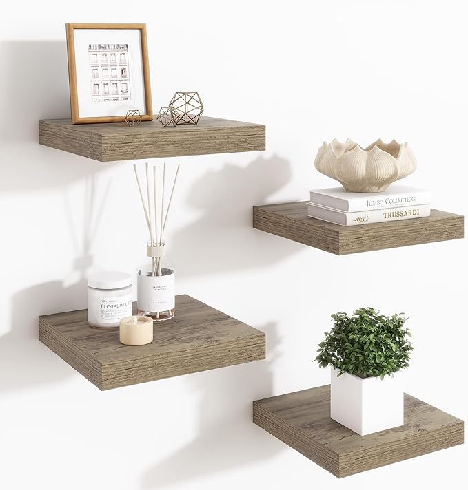 Fun Memories Floating Shelves for Wall - 7.5 Inch Square Shelves with Invisible Brackets, Grey Small Wall Shelf for Living Room, Bathroom, Bedroom, and Kitchen Decor，Set of 4