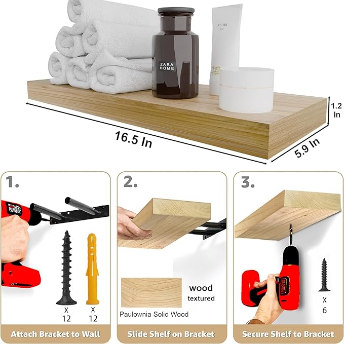 IAE Floating Wall Shelves 16 inch,Bathroom Shelf Wall Mounted,Invisible Shelf Floating Kitchen Shelves,Wooden Wall Shelving with Brackets for Living Room Wall Mounted,Easy Install,Set of 2,Natural
