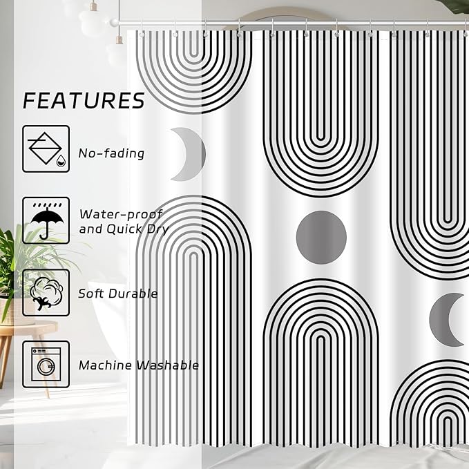 Boho Shower Curtains for Bathroom Mid Century Minimalist Abstract Aesthetic Modern Bathroom Decor Curtain Machine Washable Waterproof Fabric with 12 Hooks 72" W x 72" L