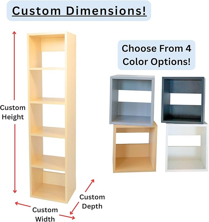 Custom Sized 5-Cube Cubby; Choose color, width, depth, and height. Units are 3/4 inch thick premium grade melamine for strong, solid unit. Easy assembly. Place on the floor or mount on a wall.