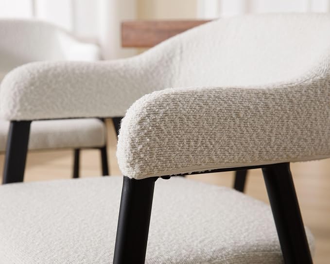 HNY Modern Dining Room Arm Chairs Set of 2, Mid-Century White Faux Sherpa Boucle Upholstered Barrel Dining Chairs with Arms, Black Metal Legs, Open-Back Kitchen Side Chair for Living Room