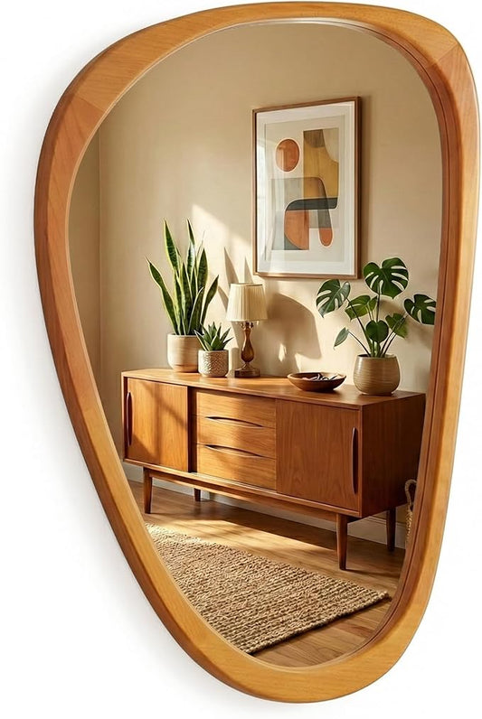 Irregular Asymmetrical Wall Mirror 30"×20" with Solid Wood Frame, Organic Mid-Century Modern Decorative Wall Mirror for Bedroom, Bathroom & Entryway
