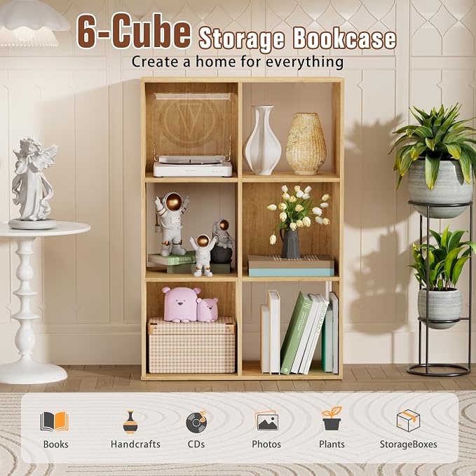 6 Cube Storage Organizer, Open Bookshelf Storage Cubes Shelf with Back Panel, Wooden Display Shelf Bookcase Standing Shelves for Living Room, Bedroom, Home Office (Oak, 6-Cube)
