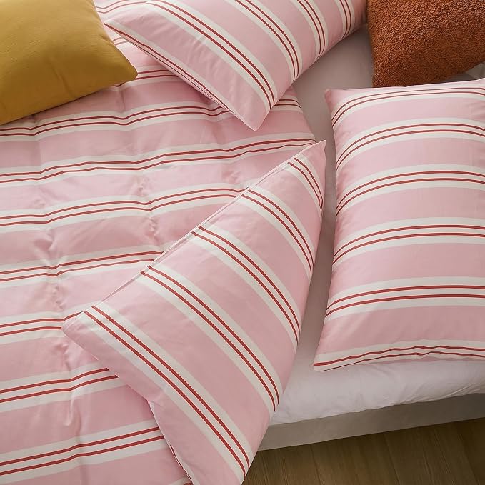 Merryword Striped Duvet Cover Set Queen Size - 100% Cotton Duvet Cover Set, Pink Ribbon Stripes Pattern Comforter Cover 3 Pieces, Soft Linen Like Bedding Set for All Seasons
