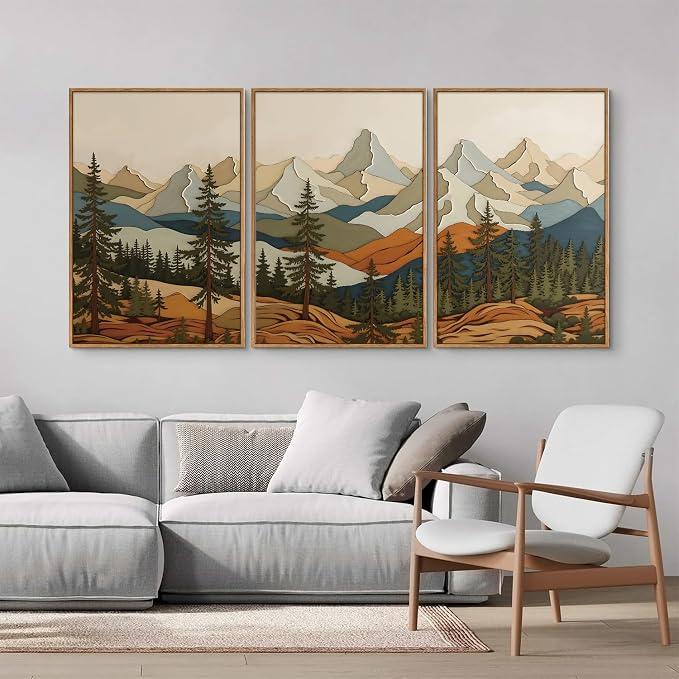 SIGNINART Vintage Mountains Framed Canvas Wall Art, Wooden Forest Wall Decor, Green Wood Pine Trees Wilderness Artwork, Natural Ridge Landscape Art Paintings for Living Room Bedroom Office 24"x36"x3