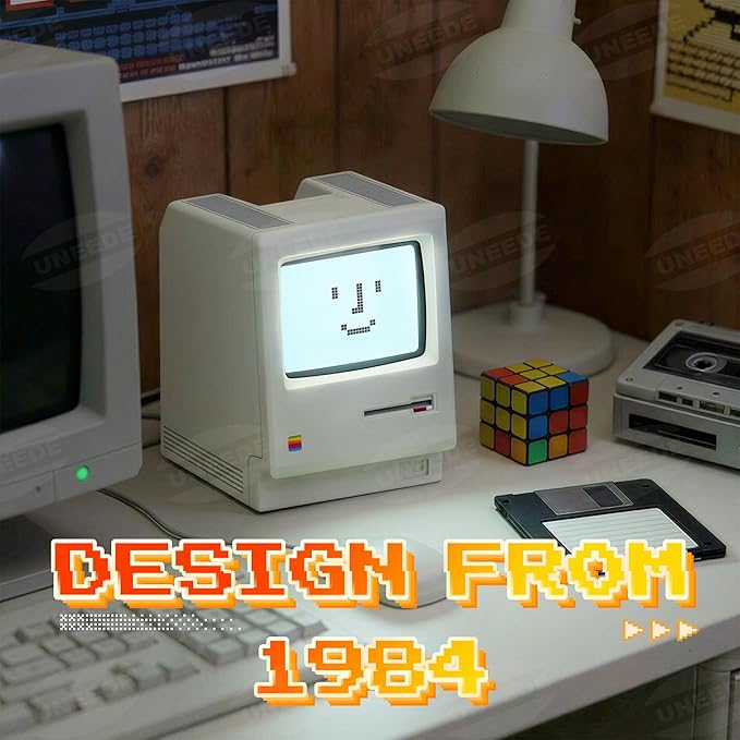 UNEEDE Maclock Retro Desk Clock, 1984 W-8 Computer Inspired Pixel Display Rechargeable Desk Clock, Multi-Alarm, Calendar, Temperature, Dimmable, Unique Retro Tech Gift for Office Bedroom Night Light