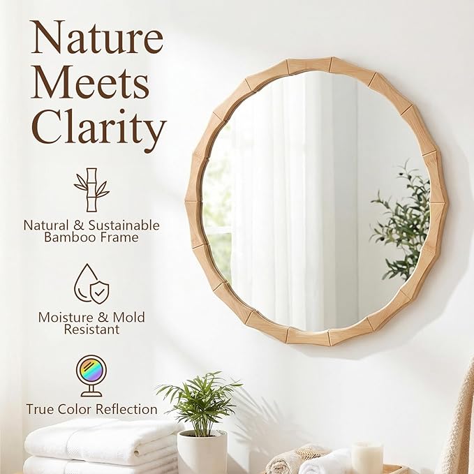 Round Bamboo Frame Mirror with Wavy Edge, 24-inch Vintage Wood Finish Hanging Wall Mirror for Bathroom, Bedroom, Living Room & Entryway