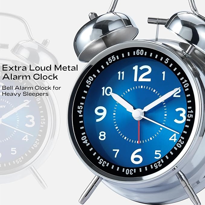 AKCISOT Loud Alarm Clock for Heavy Deep Sleepers, 4.5 Inches Analog Metal Twin Bell Clocks Battery Operated with Backlight for Bedroom Beside, Old Fashioned for Home Desk Decoration(Blue)