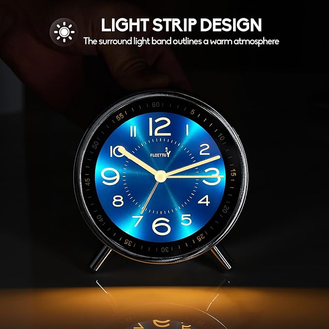 FLOITTUY Super Silent Metal Alarm Clock,Beep Wake Round Alarm Clock with Strip Night Light,Battery Operated,Easy Set,Simple & Retro for Desk, Bedroom and Home Decoration(Royal Blue)