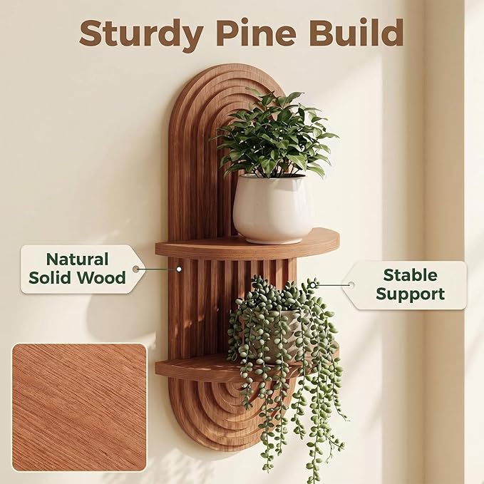 Boho Wall Decor Brown Hanging Shelves, 16.7in Walnut Floating Plant Shelf for Wall, 2 Tier mid Century wall Shelf for Home Bathroom Bedroom Living Room Office Holding Planter