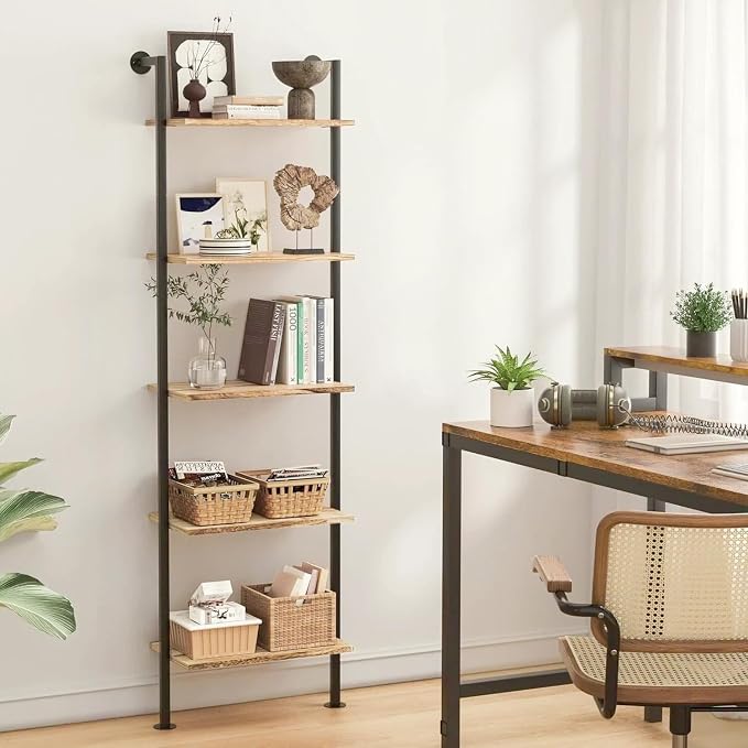Acovy 5-Tier Bookshelf Solid Wood Ladder Shelf, Narrow Book Shelf Display Shelf, Wooden Bookcase, Wall Mount Ladder Shelf, Storage Rack for Living Room, Bedroom, Industrial Style, Rustic Brown