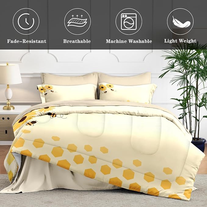 7Pcs Comforter Set Full Size, Honey Bee Themed Yellow Sunflower, Bedding Decor Cute Daisy Flower Bumble Honeycomb Bedroom Bed Set Flat Sheet Fitted Sheet Pillowcases Shams for Kids and Adults