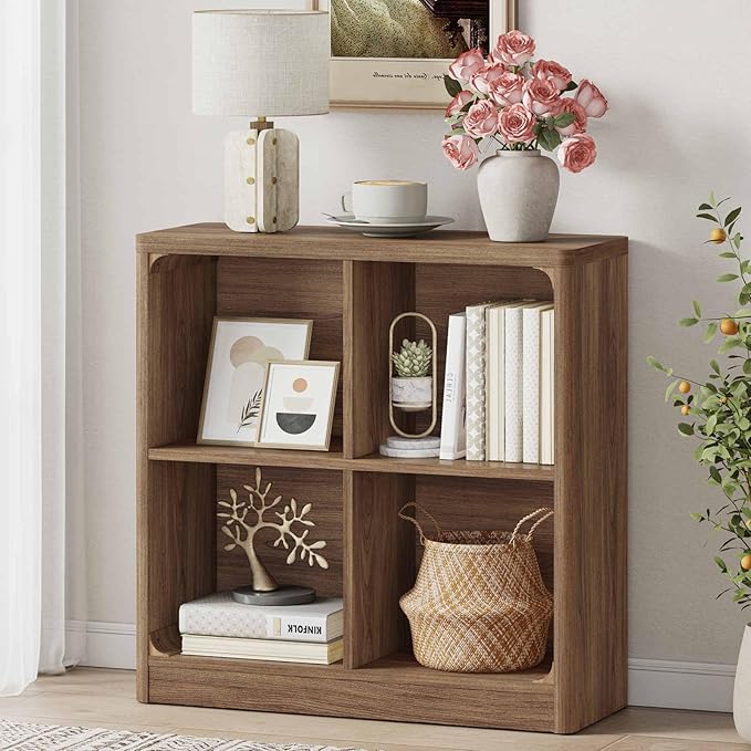 FATORRI 4 Cube Storage Bookcase, Rustic Wood Cube Bookcase Shelf Organizer, Small Storage Bookshelf for Living Room, Bedroom, Office (Walnut, 29.53" W)