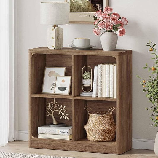 FATORRI 4 Cube Storage Bookcase, Rustic Wood Cube Bookcase Shelf Organizer, Small Storage Bookshelf for Living Room, Bedroom, Office (Walnut, 29.53" W)