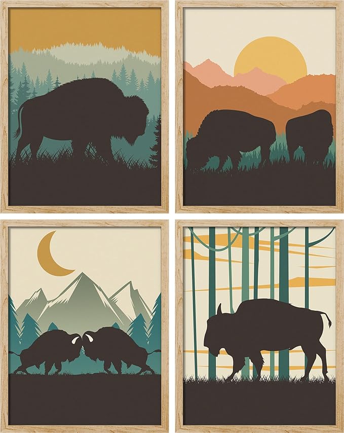 SIGNWIN Framed Country Farmhouse Vibrant Bison Wall Art, Set of 4 Silhouette Animals Wall Decor Prints, Wilderness Nature Wall Décor for Living Room, Bedroom - 11"x14" Natural