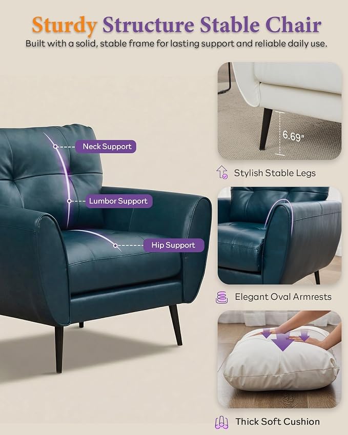 TYBOATLE Accent Chair, Comfy Modern Living Room Blue Leather Reading Accent Chairs Tufted Mid Century Arm Chair Small Salon Chair for Office Bedroom (1, Blue)