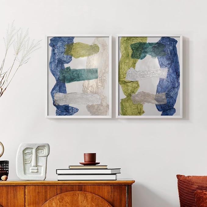 Renditions Gallery Set of 2 Peel & Stick Framed Prints, Elegant Abstract Wall Art, Dyed Cloth Texture Wall Decor, Re-Stickable - Ready to Hang - 11"x14" - White Frame LT588