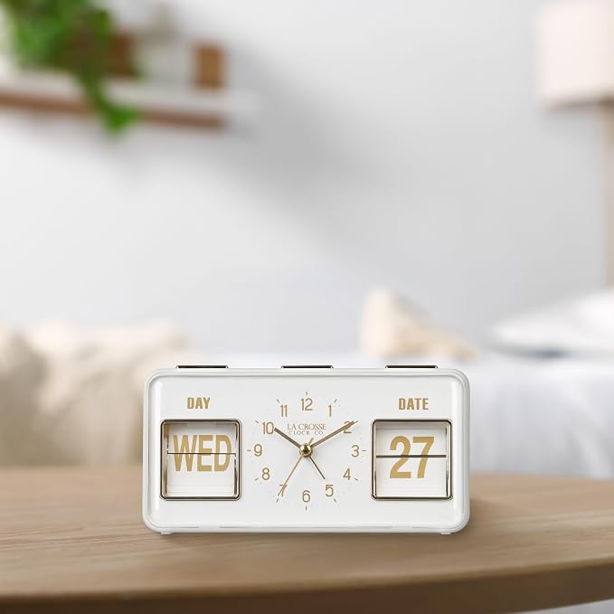 La Crosse Clock 636-379W Daily Flip White Tabletop Alarm Clock with Calendar
