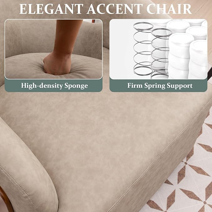 Swivel Accent Chair Faux Leather Boucle Swivel Barrel Chair Comfortable Mid Century Modern Chair Upholstered Metal Base Armchair for Living Room Bedroom Office Large Vintage Gray