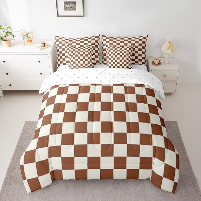 Erosebridal Plaid Queen Comforter Set 7 Piece Beige Caramel Brown Checkerboard Bed in A Bag with Sheets Geometric Checkered Bedding Set for Kids Boys Girls,Aesthetic Grid Bed Set