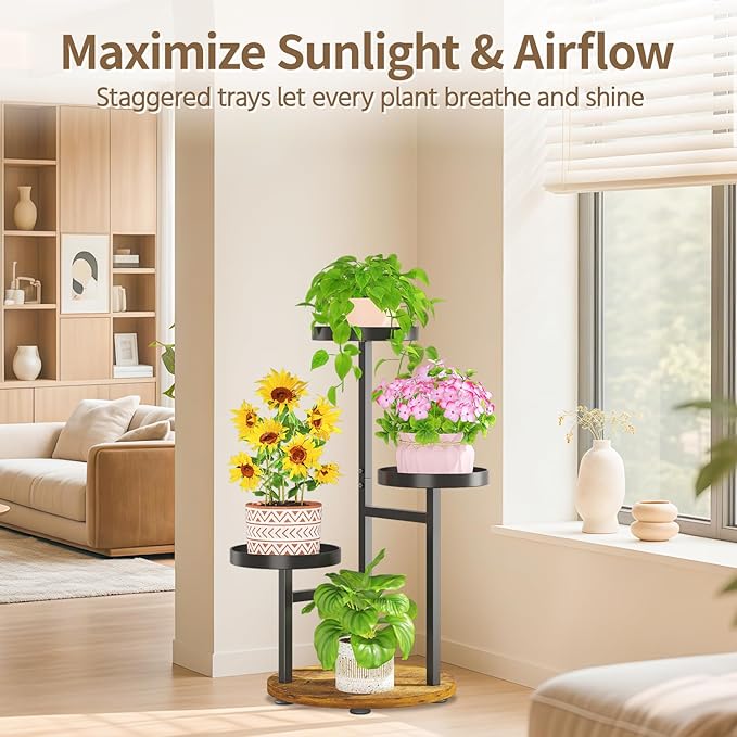 LASZOLA Black 3 Tier Tall Metal Plant Stand Indoor for Large Planter, Heavy Duty Wrought Iron Vertical Big Flower Rack, Sturdy Spiral Multiple High Organizer for Modern Patio House Bathroom Corner