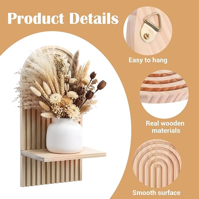 3 Pack Boho Wall Decor Set, 7” x 4.5” x 13.8” Natural Solid Wood Arch Wall Shelves, Mid-Century Modern 3D Hanging Shelves for Living Room, Bedroom, Bathroom, Farmhouse Candle Holder & Display