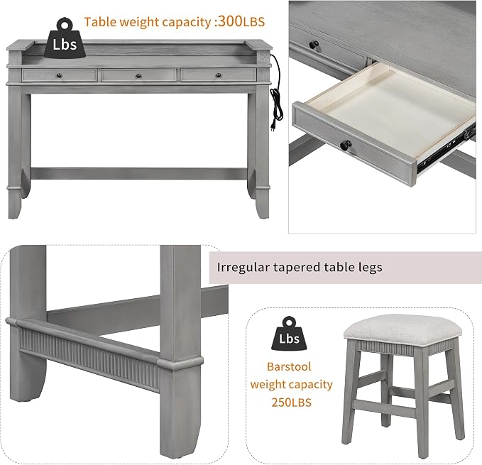 P PURLOVE 4 Piece Dining Bar Table Set with 3 Stools, Multifunctional, Industrial Style, USB Port, Space Saving, Solid Wood, Easy Assembly