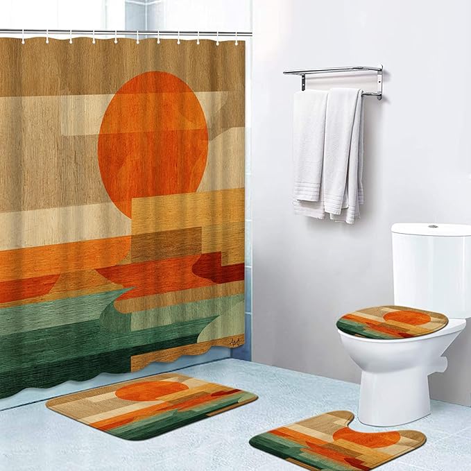 4 Pcs Geometric Wood Sunset Bathroom Set: Shower Curtain, Bath Mat, Toilet Lid Cover & Rug - Abstract Landscape Print with Hooks for Mid-Century Modern Ambiance