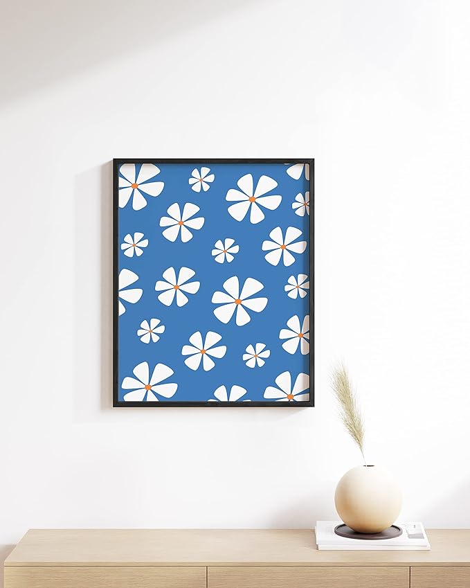 HAUS AND HUES Daisy Wall Art - Blue floral picture for living room, adding a touch of color and serenity. Framed in sleek black (Black Frame, 12x16).