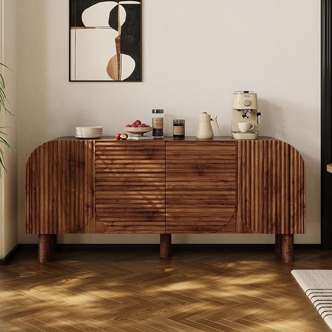 Rophefx 71" Curved Sideboard Cabinet, Large Buffet Sideboard Cabinet with Arched Textured Doors, 4 Doors Credenza with Anti-Tip Device Storage Cabinet for Kitchen, Living Room, Entryway (Walnut)
