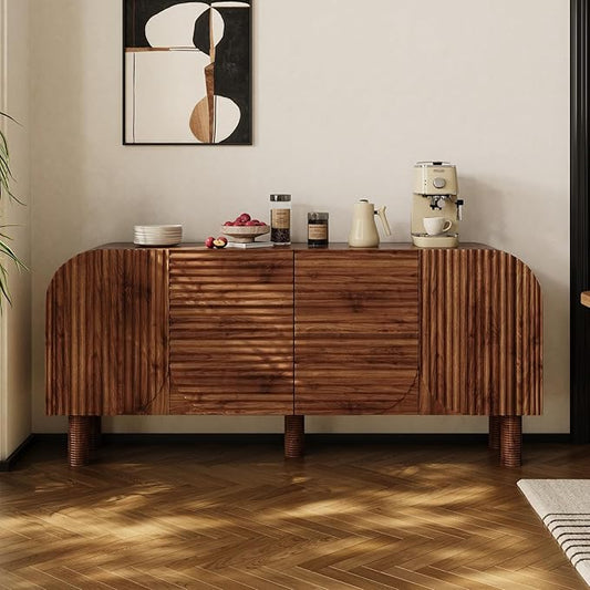 Rophefx 71" Curved Sideboard Cabinet, Large Buffet Sideboard Cabinet with Arched Textured Doors, 4 Doors Credenza with Anti-Tip Device Storage Cabinet for Kitchen, Living Room, Entryway (Walnut)