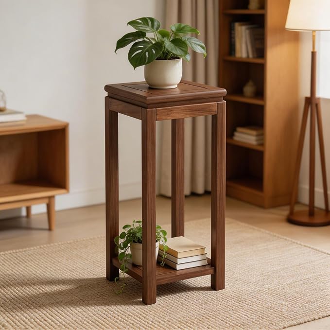 Mid-Century Solid Wood Plant Stand, 2-Tier Tall Narrow Plant Holder Display Table, Corner Small Side Table by Sofa Couch (11.8" L x 11.8" W x 27.5" H)