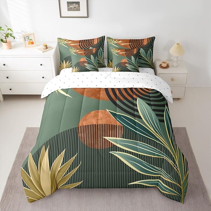 Erosebridal Mid Century Comforter Set King Size Vintage Bohemian 7 Pcs Bedding Sets,Modern Minimalist Bed in a Bag Abstract Geometric Stripes Art Quilt with Flat Fitted Sheet,Green Orange
