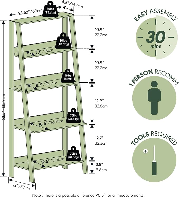 Furinno Ladder Bookcase Display Shelf, 5-Tier, French Oak
