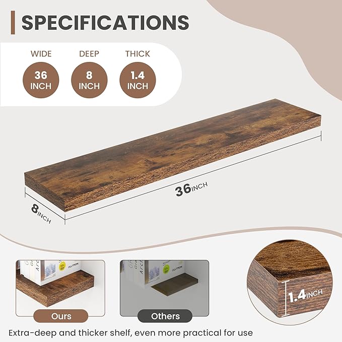 36 Inch Floating Shelves, 8 Inch Deep Floating Shelves for Wall, Hanging Shelf with Invisible Brackets, Deep Shelves for Bathroom, Bedroom, Living Room, Brown, Set of 2