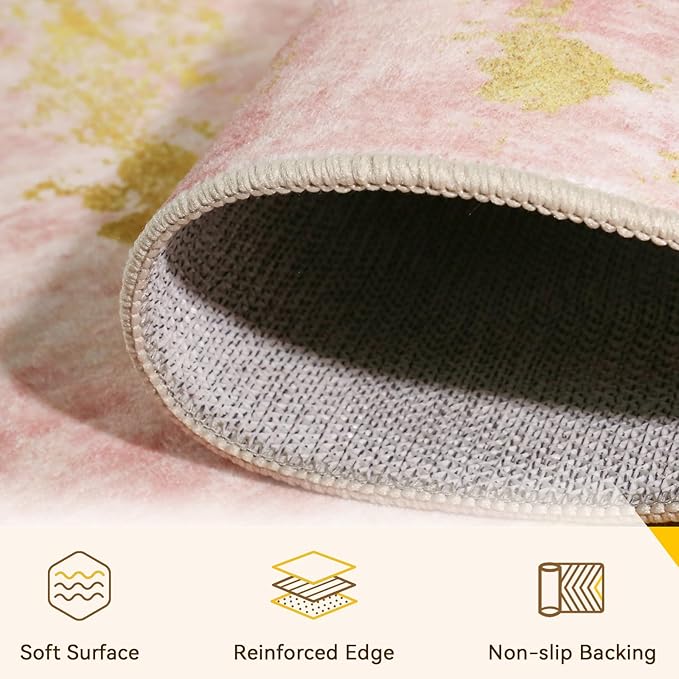 Washable Area Rugs 5'x7' Non-Slip Modern Abstract Soft for Living Room Entryway Bedroom Nursery, Print Pattern, Pink Gold/Golden