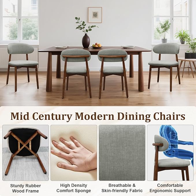 Farmhouse Dining Chairs Set of 6, Mid Century Modern Fabric Upholstered Kitchen Chairs, Wooden Dining Room Chair with Curved Back for Kitchen Dining Room Restaurant Cafe, Light Green (Only Chairs)
