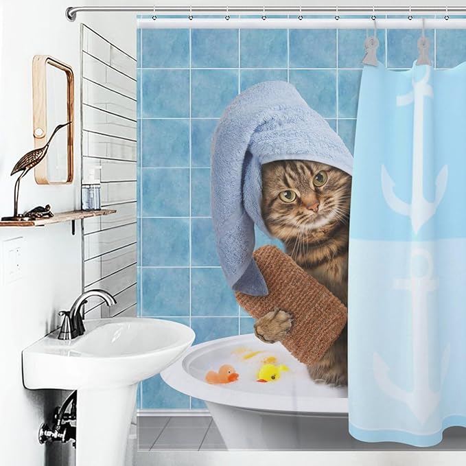 Cat Shower Curtain Funny Cat Taking Pattern Duty Fabric Shower Curtains Set Bathroom Polyester Waterproof with 12 Hooks,72x72Inch（183x183cm）