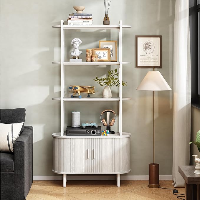 ONBRILL 71" Tall Bookshelf, 4-Tier Book Shelf with Storage Cabinet, Modern Bookcase with Sliding Door and Adjustable Footpad, Freestanding Storage Organizer Bookshelf for Living Room, Natural White