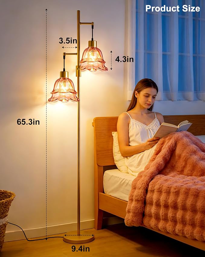 2-Light Modern Glass Floor Lamp, Gold Tall Standing Lamp with Deep Red Tulip Glass Shade for Reading, Dimmable LED Floor Lamp with 5Lbs Heavy Base for Living Room Bedroom Home Decor, Bulb Included