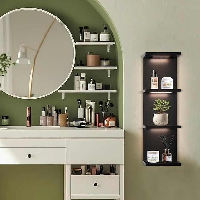 4-Tier Wall Shelf Unit with LED Lights, Floating Lack Shelf for Home Decor, Wall Mounted Vertical Display Shelf for Bedroom Living Room Vanity, Black
