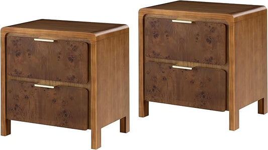 COZAYH Farmhouse Nightstand Set of 2 with 2 Drawer, Distressed Wood Rustic Accent Bedside Table, Burl Finish Side Table for Bedroom, Entryway, Fully Assembled, Brown